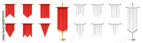 Pennant flag big set. Red and white empty vertical pennants template mockup