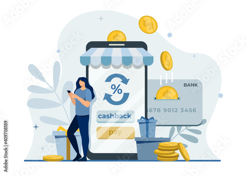 Cashback concept for shopping.Saving money.Online store or shop customer loyalty program with bonuses.Cash back for purchase.Money transfer.Earn points.Money refund.Happy consumer get rewards.