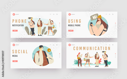 Characters Phone Communication Landing Page Template Set. Men and Women Hold Cellphones or Smartphones, Social Media
