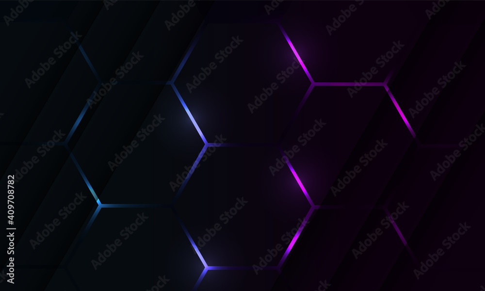 Dark hexagon gaming abstract vector background with blue and pink colored bright flashes. Dark hexagon gaming abstract vector background with blue and pink colored bright flashes.