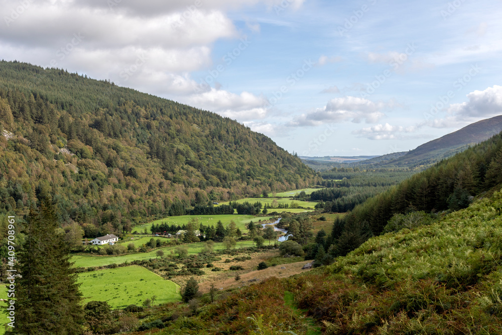 View of the valley of mountains.  Glenmalure. Landscape of Ireland. 