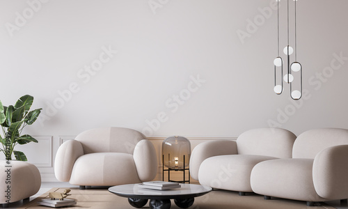 White living room in modern design, minimal clear space on empty bright background, 3d render photo