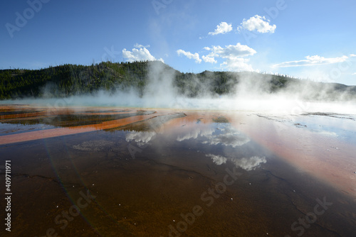 Close-up view of the bacterial mat and rising steam at the Grand Prismatic Spring at Yellowstone National Park