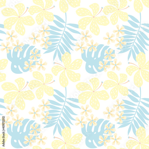 Vector pastel illustration with abstract flora.Tropical flowers and leaves. Abstract versatile art pattern. For fabric  wrapping paper  notepad  notebook  flyer  cover  banner  textile  etc.