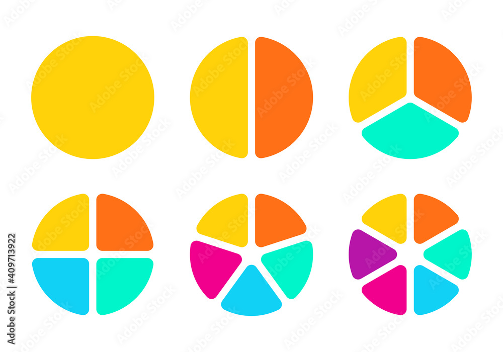 Pie chart set with 1,2,3,4,5,6 sections or steps. Circular chart, graph ...