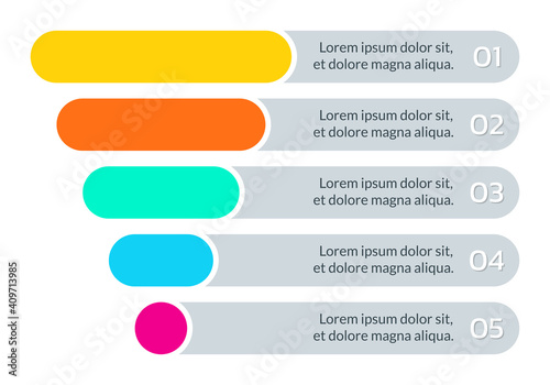 Funnel pyramid design for sales conversion. Marketing cone. Modern business diagram or chart template with 5 steps. Vector illustration.