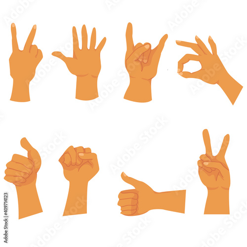 Hand gestures flat icons set. hand gestures: ok, good, class, rock, hello, win. hand sign. hand, fist, fingers. vector flat. isolated