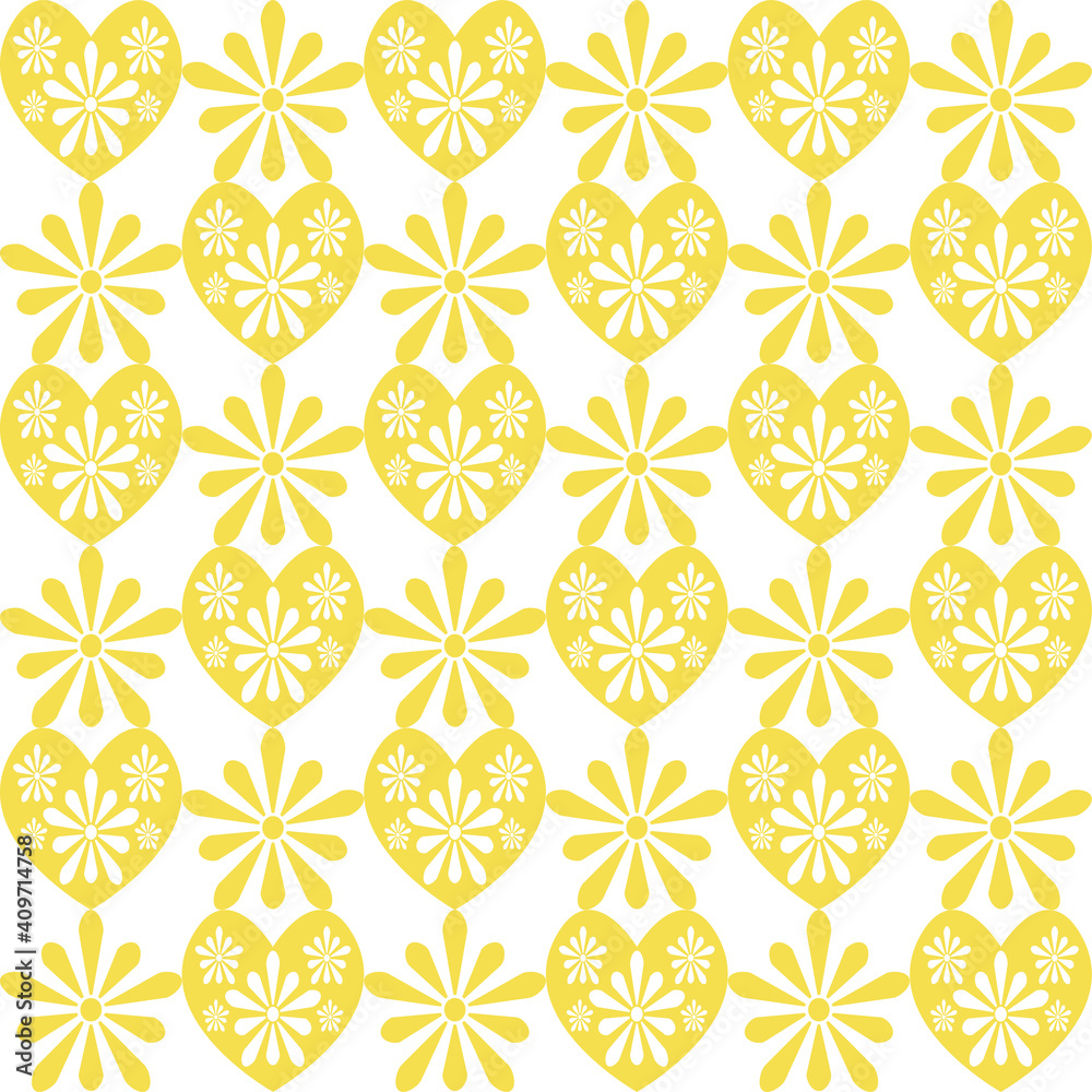 seamless pattern hearts and flowersi n illuminating yellow