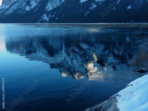 Perfect reflection on Lake Minnewanka  at Banff National Park Alberta Canada   OLYMPUS DIGITAL CAMERA