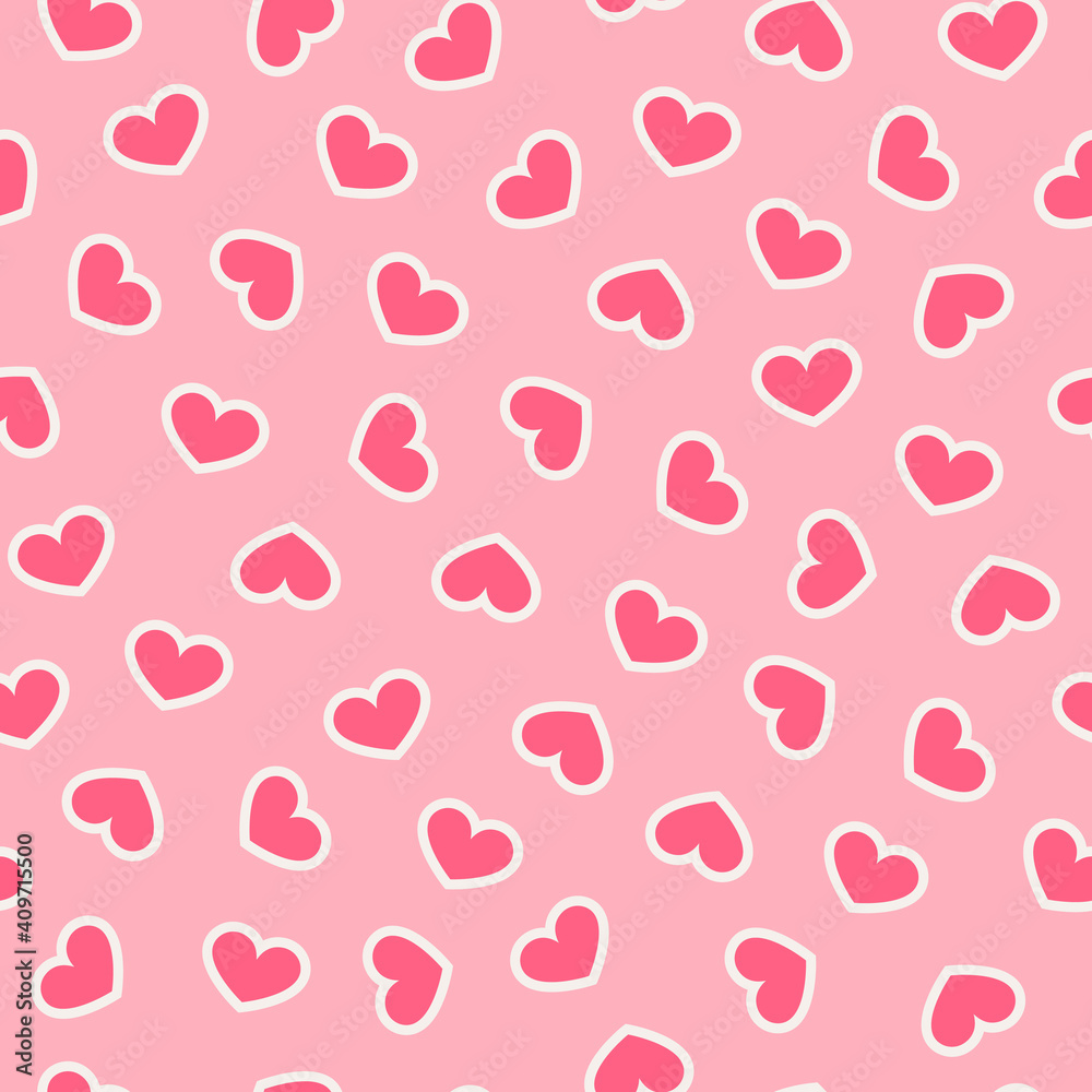 Seamless pattern Valentine's Day with pink hearts. Valentine endless ornament with beautiful stickers - hearts. Concept of love and Valentines day.