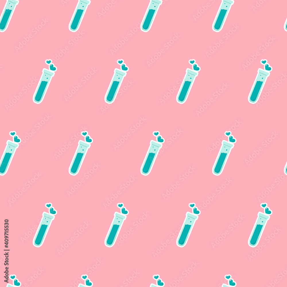 Happy Valentine's day seamless pattern. Test tube love fluid reaction laboratory bottle science romantic love theme. Heart shape. Love chemistry, elixir, potion seamless background.