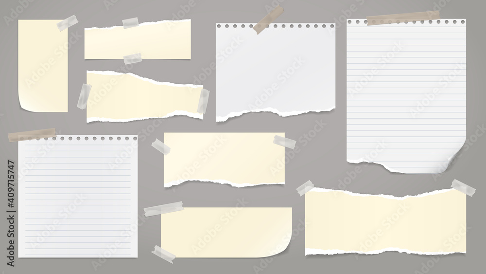 Set of torn white, yellow note, notebook paper pieces stuck on dark grey background. Vector illustration