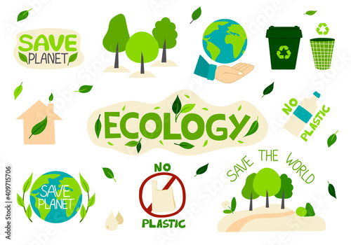 A collection of environmental stickers with the words-zero waste, ecology, save the planet, eco, recycling, no plastic. A set of decorative design elements. Flat vector illustration.