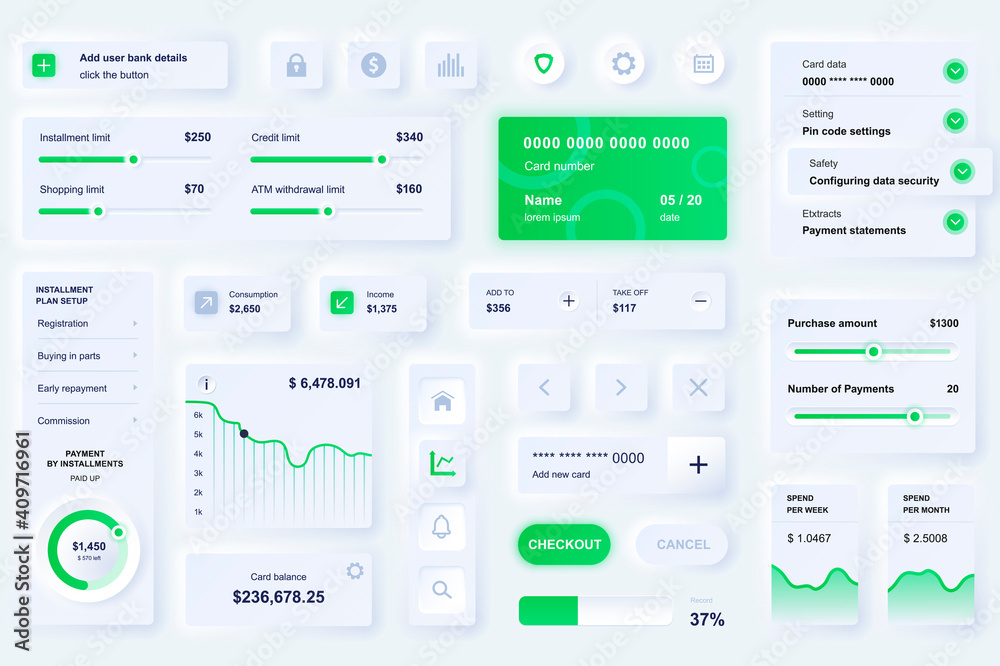 User interface elements for banking mobile app. Unique neumorphic design UI, UX, GUI, KIT elements template. Neumorphism style. Different form, components, button, menu, banking vector icons. User interface elements for banking mobile app. Unique neumorphic design UI, UX, GUI, KIT elements template. Neumorphism style. Different form, components, button, menu, banking vector icons.