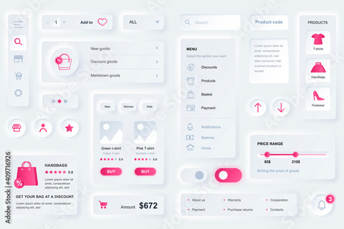 User interface elements for shopping mobile app. Unique neumorphic design UI, UX, GUI, KIT elements template. Neumorphism style. Different form, components, button, menu, shopping vector icons.