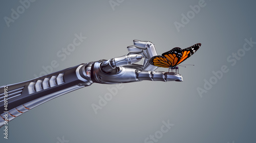 Canvas Print 3d render of an orange butterfly sitting on a detailed robotic forefinger
