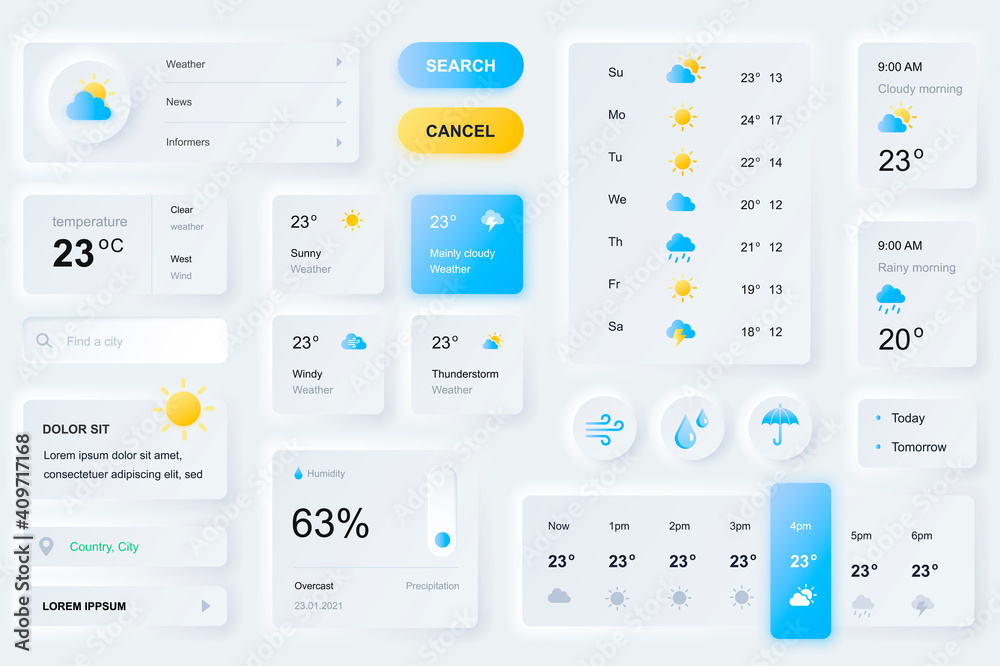 User interface elements for weather forecast mobile app. Unique ...