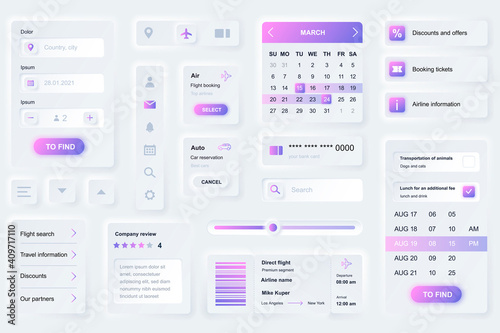 User interface elements for booking travel mobile app. Unique neumorphic design UI, UX, GUI, KIT elements template. Neumorphism style. Different form, components, button, menu, booking vector icons.
