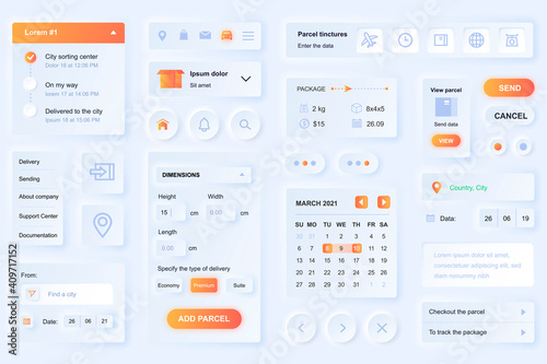 User interface elements for delivery mobile app. Unique neumorphic design UI, UX, GUI, KIT elements template. Neumorphism style. Different form, components, button, menu, logistic vector icons.