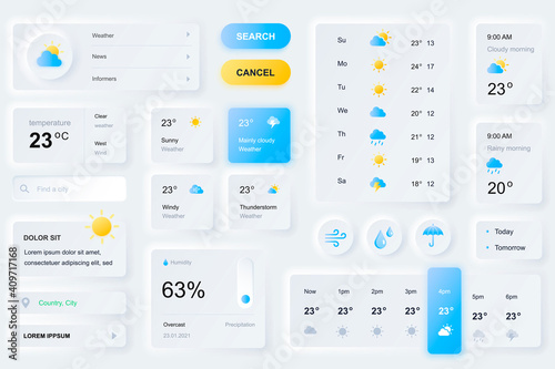User interface elements for weather forecast mobile app. Unique neumorphic design UI, UX, GUI, KIT elements template. Neumorphism style. Different form, components, button, menu, weather vector icons.
