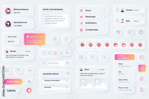 User interface elements for social network mobile app. Unique neumorphic design UI, UX, GUI, KIT elements template. Neumorphism style. Different form, components, button, menu, media vector icons.