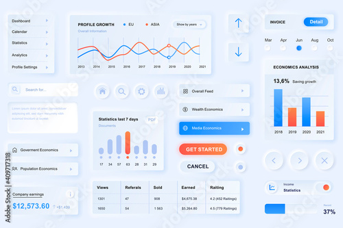 User interface elements for data analisys mobile app. Unique neumorphic design UI, UX, GUI, KIT elements template. Neumorphism style. Different form, components, button, menu, analisys vector icons.