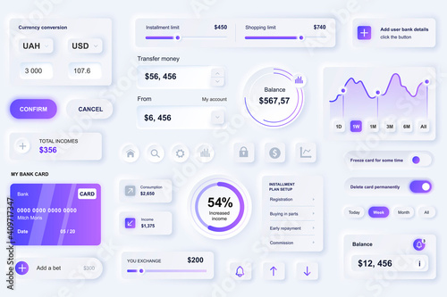 User interface elements for finance service mobile app. Unique neumorphic design UI, UX, GUI, KIT elements template. Neumorphism style. Different form, components, button, menu, finance vector icons.