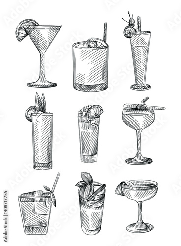 Hand drawn sketch set of drinks in cocktail glasses. Alcohol beverages. Cocktail drink in highball glass, champagne saucer, rocks glass, shot glass, zombie glass, balloon wine glass, martini glass 