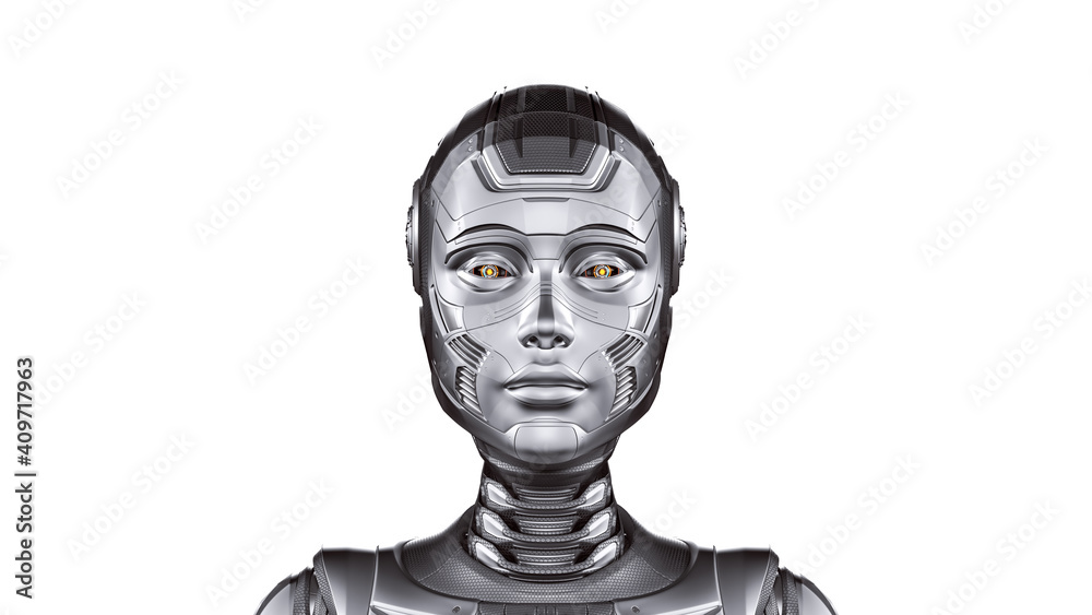 3d render of a very detailed robot woman or futuristic cyber girl. Fornt view of the head isolated on white background
