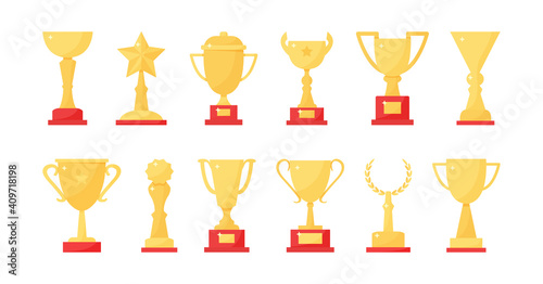 Sport trophy vector cup, golden award, champion icons isolated on white background. Colored illustration