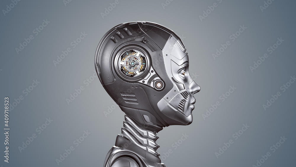 3d render of a very detailed robot woman or futuristic cyber girl. Side view of the head isolated on color background