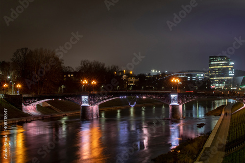 night view of the city, night , bridge, Vilnius ,lights, river, city, water, reflection