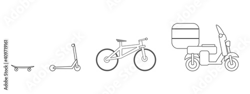 Bicycle, skateboard, scooter - wheeled devices, vector illustration isolated on white background.