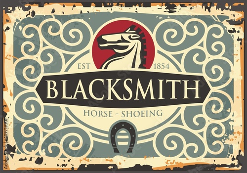 Blacksmith antique sign with horse graphic and horseshoe icon. Old craft blacksmithing vector illustration layout with Victorian ornaments and borders. 18th century image.