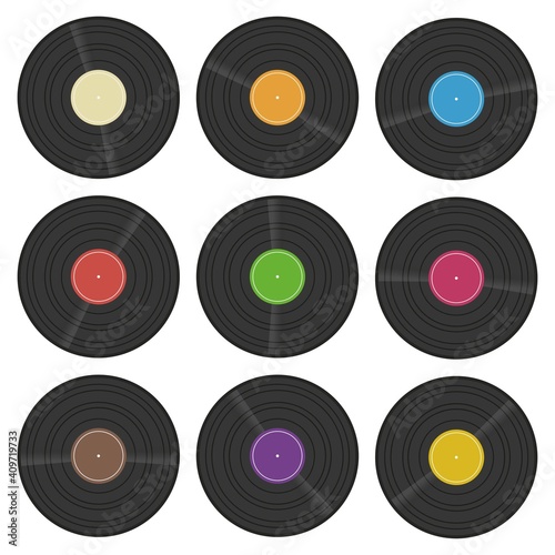 Set of vinyl, phonograph or gramophone 33 rpm record with colorful labels. LP retro disc icon.
