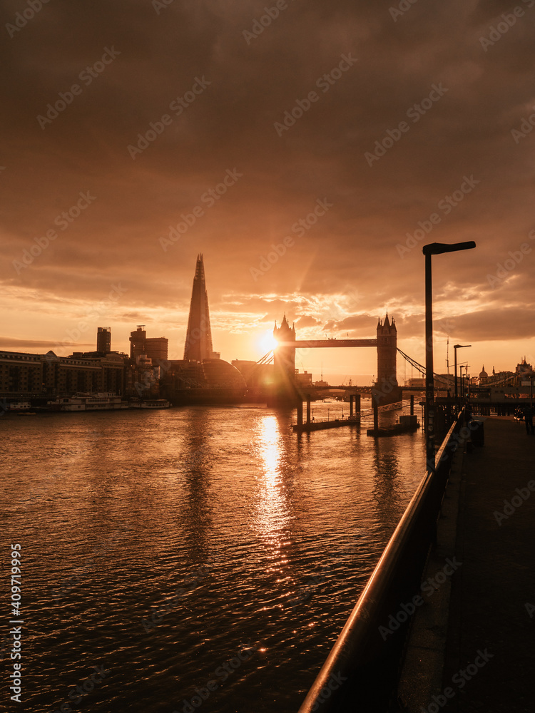 Tower Bridge in London, United Kingdom while sunset	
