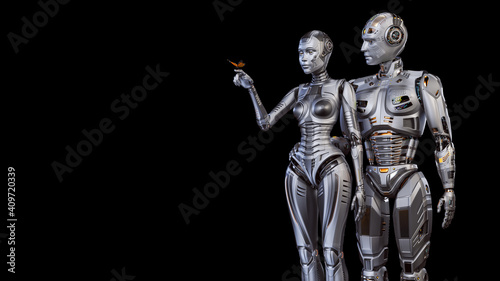 3d render of two futuristic robots man and woman carefully looking at the butterfly sitting on female's forefinger. Upper bodies isolated on black background 