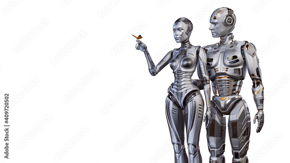 3d render of two futuristic robots man and woman carefully looking at the butterfly sitting on female's forefinger. Upper bodies isolated on white background 