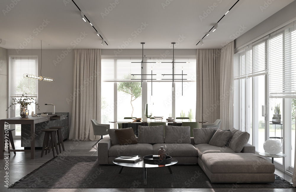 Fototapeta premium Minimalism modern interior design. Studio living room with sofa, carpet and coffe table. Dining room with luxury table and chairs. 3d rendering. 3d illustration.