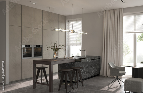 Minimalism modern interior design. Studio kitchen room with kitchen island and chairs. 3d rendering. 3d illustration. © Viktoria Kovalchuk