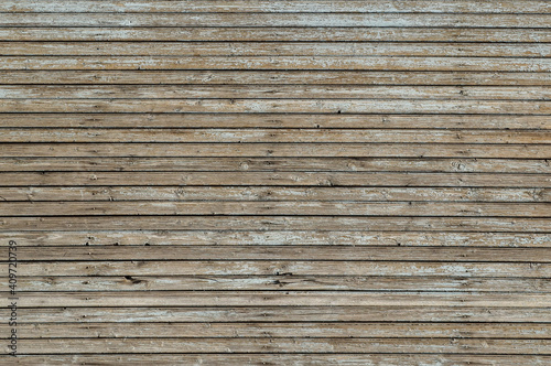 Weathered wooden wall with exfoliated light gray paint. Horizontal texture of old painted wood for wallpaper or background. Full frame image, empty template for design, copy space