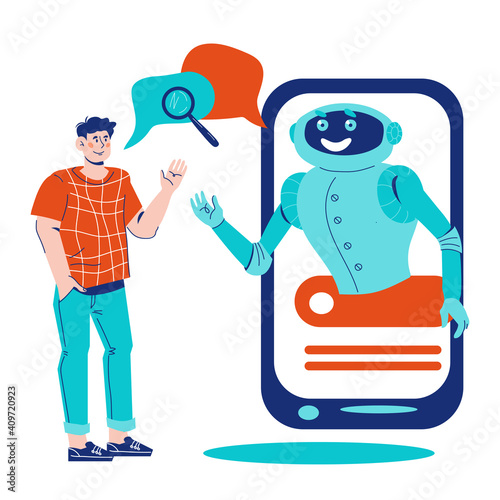 man communicating with chatbot robot assistant, cartoon vector illustration isolated on white background. Artificial intelligence technology of robotic technical support and customer service banner.