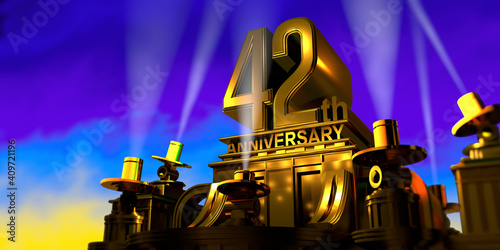 42th anniversary in thick letters on a golden building illuminated by 6 floodlights with white light on a blue sky at sunset. 3D Illustration photo