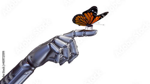 3d render of an orange butterfly sitting on a detailed robotic forefinger. Isolated on white background photo