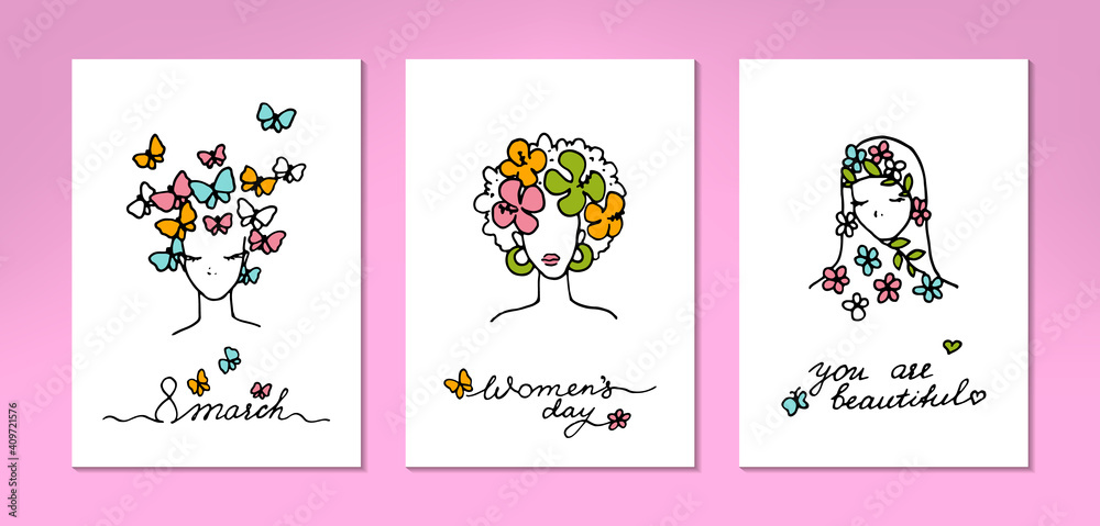 Set of 8 March greeting cards. Hand drawn modern women faces of different nationalities. Vector illustration Set of 8 March greeting cards. Hand drawn modern women faces of different nationalities. Vector illustration