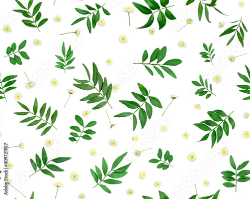 Flowers and leafs composition. Pattern made of various colorful flowers  isolated on white background. Seamless pattern Flat lay stiil life.