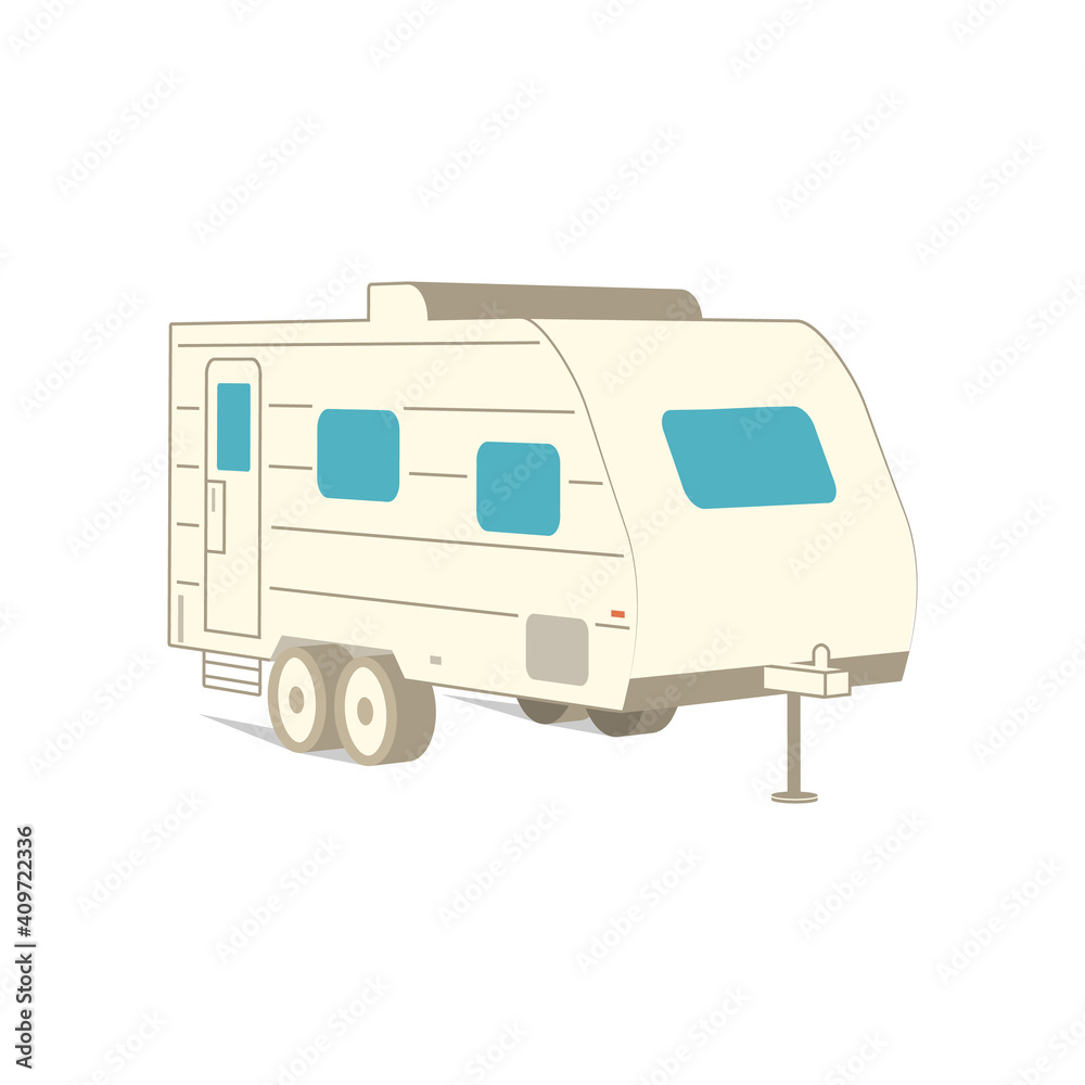 Retro recreation vehicle camper, camping RV, trailer or family caravan. 3d isometric cartoon icon isolated on white. For summer camper family travel concept. Vector.