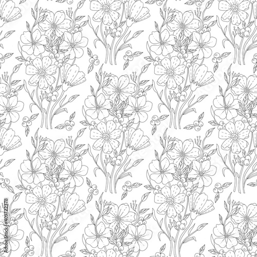 Monochrome doodle flower seamless pattern for adult coloring book. Vector sketch illustration, hand drawn style. © Svetlanakras