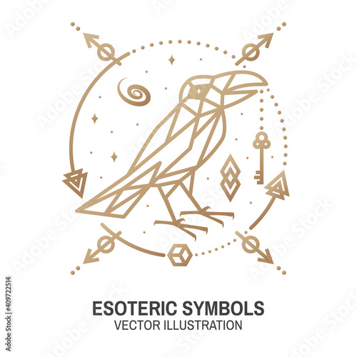 Esoteric symbols. Vector. Thin line geometric badge. Outline icon for alchemy or sacred geometry. Mystic and magic design with crow and galaxy