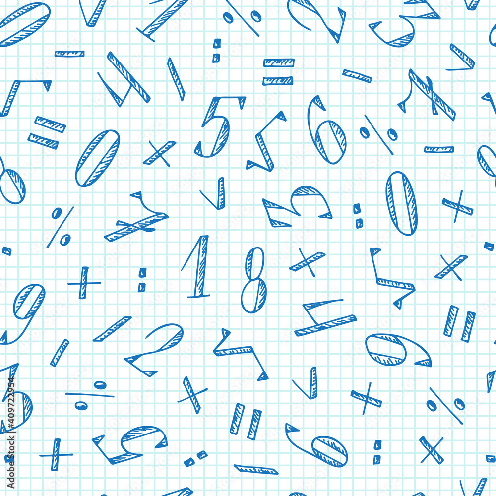 Vector seamless pattern of numbers. Mathematical background. Hand Drawn Doodles illustration
Vector seamless pattern of numbers. Mathematical background. Hand Drawn Doodles illustration